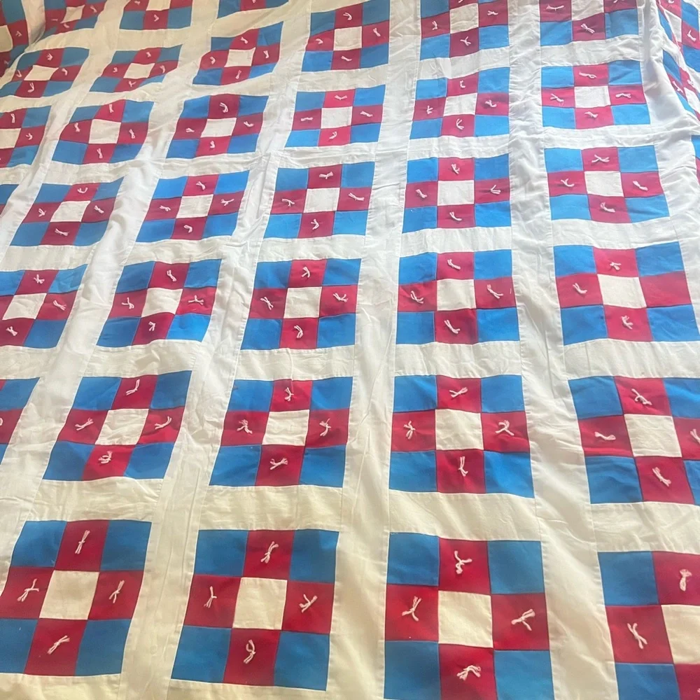 VNTG Handmade Cotton Red White Blue Colorful King Size Quilt‎ Top 91 x 75